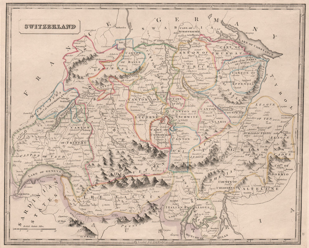 SWITZERLAND. Geneva shown as exclave within Sardinian states. JOHNSON 1850 map