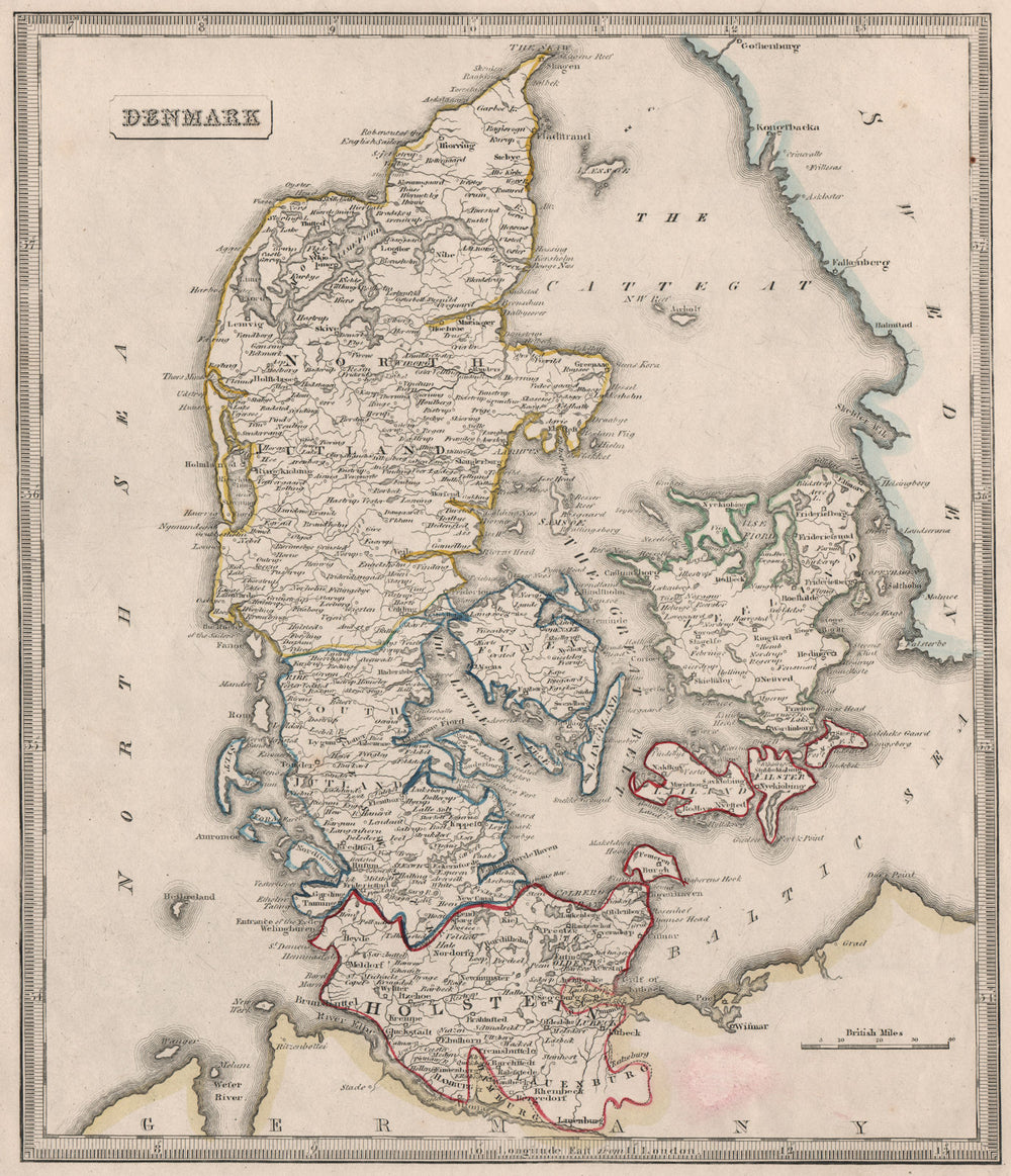 DENMARK inc Holstein. Provinces. Original outline colour. JOHNSON 1850 old map