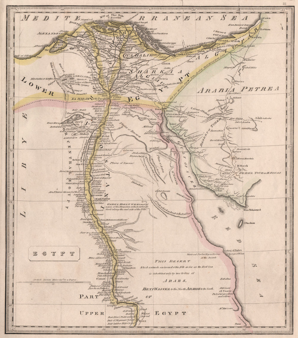 EGYPT. Nile valley. Hajj route. Sinai. Gaza. Original colour. JOHNSON 1850 map