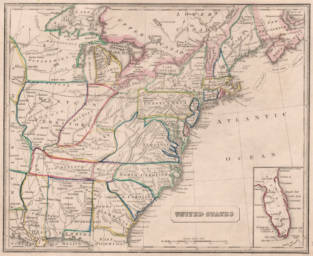 UNITED STATES. Vermont shown as British. Planned Pacific Railroad 1850 old map
