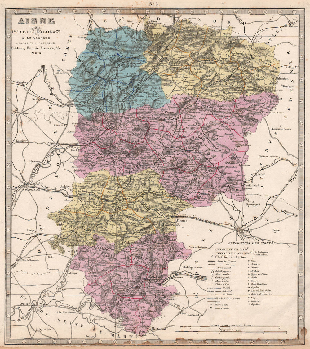 AISNE department. Battlefields/dates, resources & minerals. LE VASSEUR 1876 map