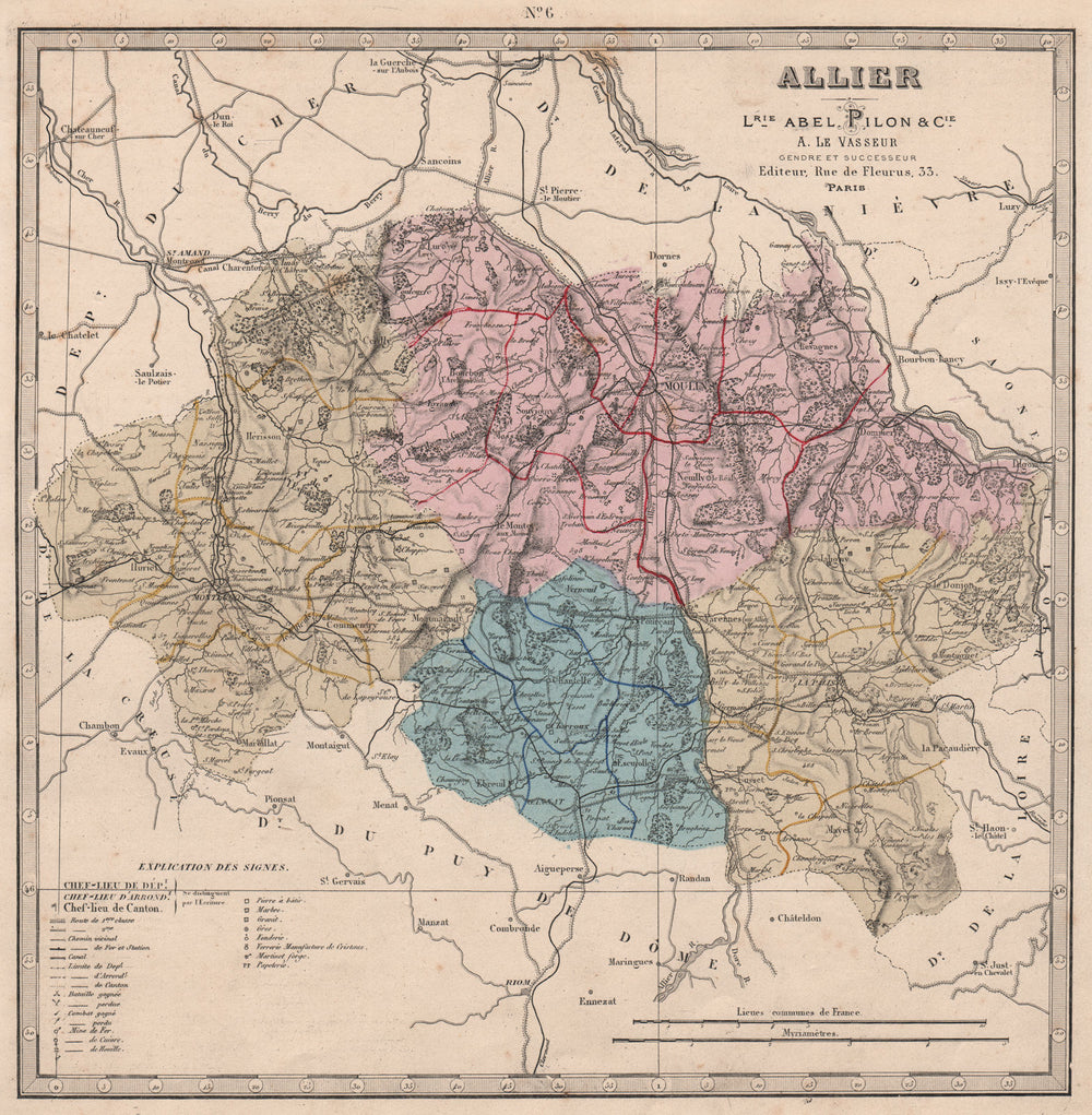 ALLIER department showing resources & minerals. LE VASSEUR 1876 old map