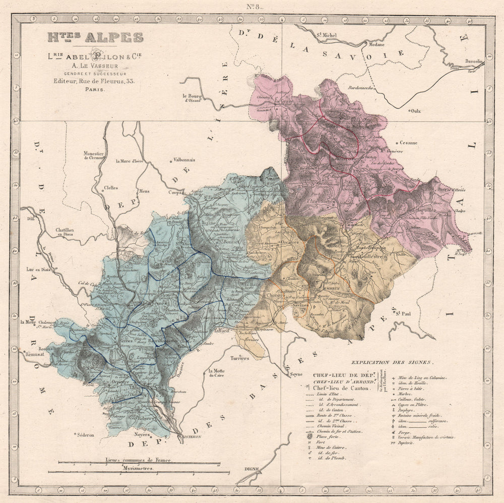 HAUTES-ALPES department showing resources & minerals. LE VASSEUR 1876 old map