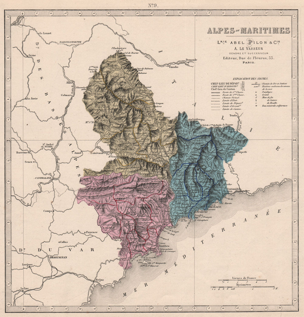 ALPES-MARITIMES department showing resources & minerals. LE VASSEUR 1876 map