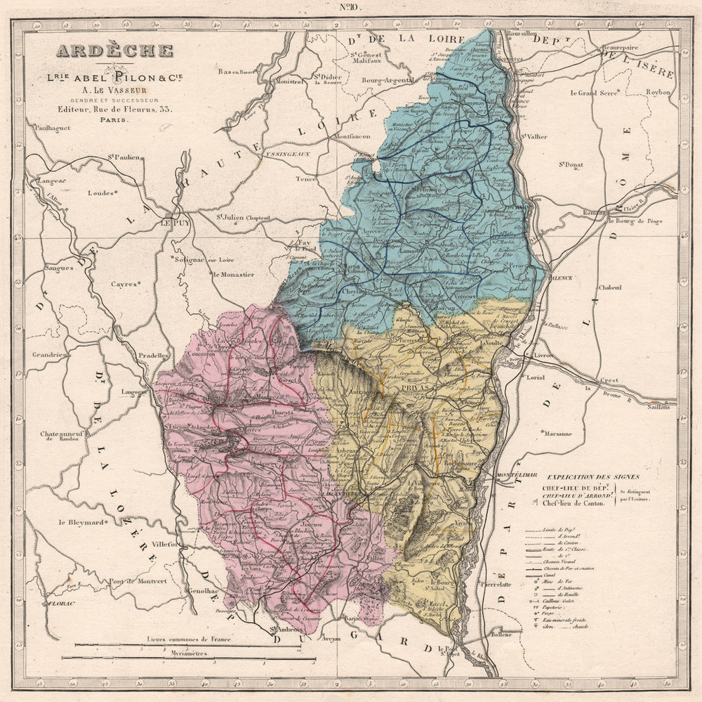 ARDÈCHE department showing resources & minerals. LE VASSEUR 1876 old map