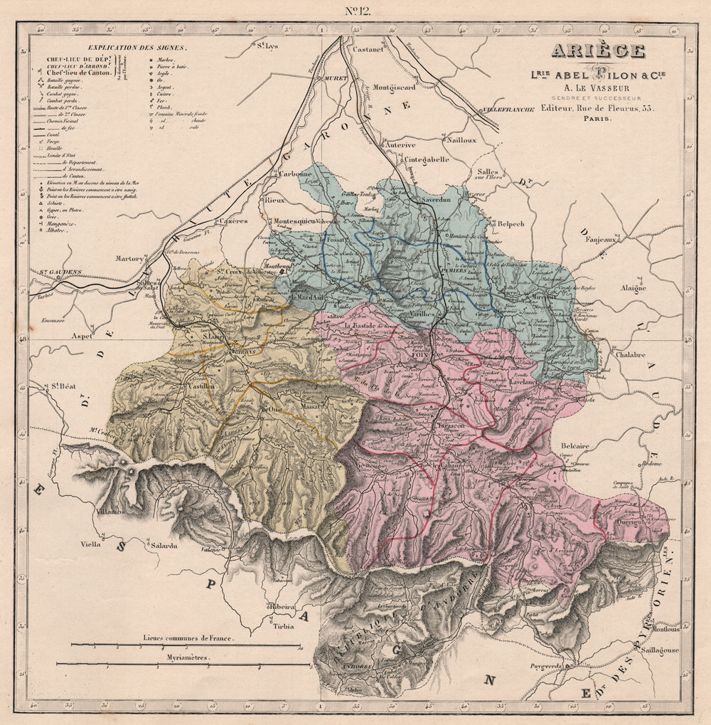 ARIÈGE department. Battlefields/dates, resources & minerals. LE VASSEUR 1876 map