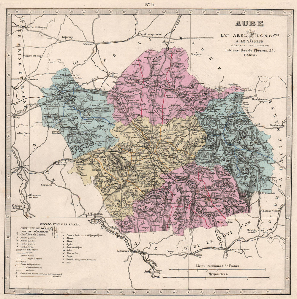 AUBE department. Battlefields/dates, resources & minerals. LE VASSEUR 1876 map