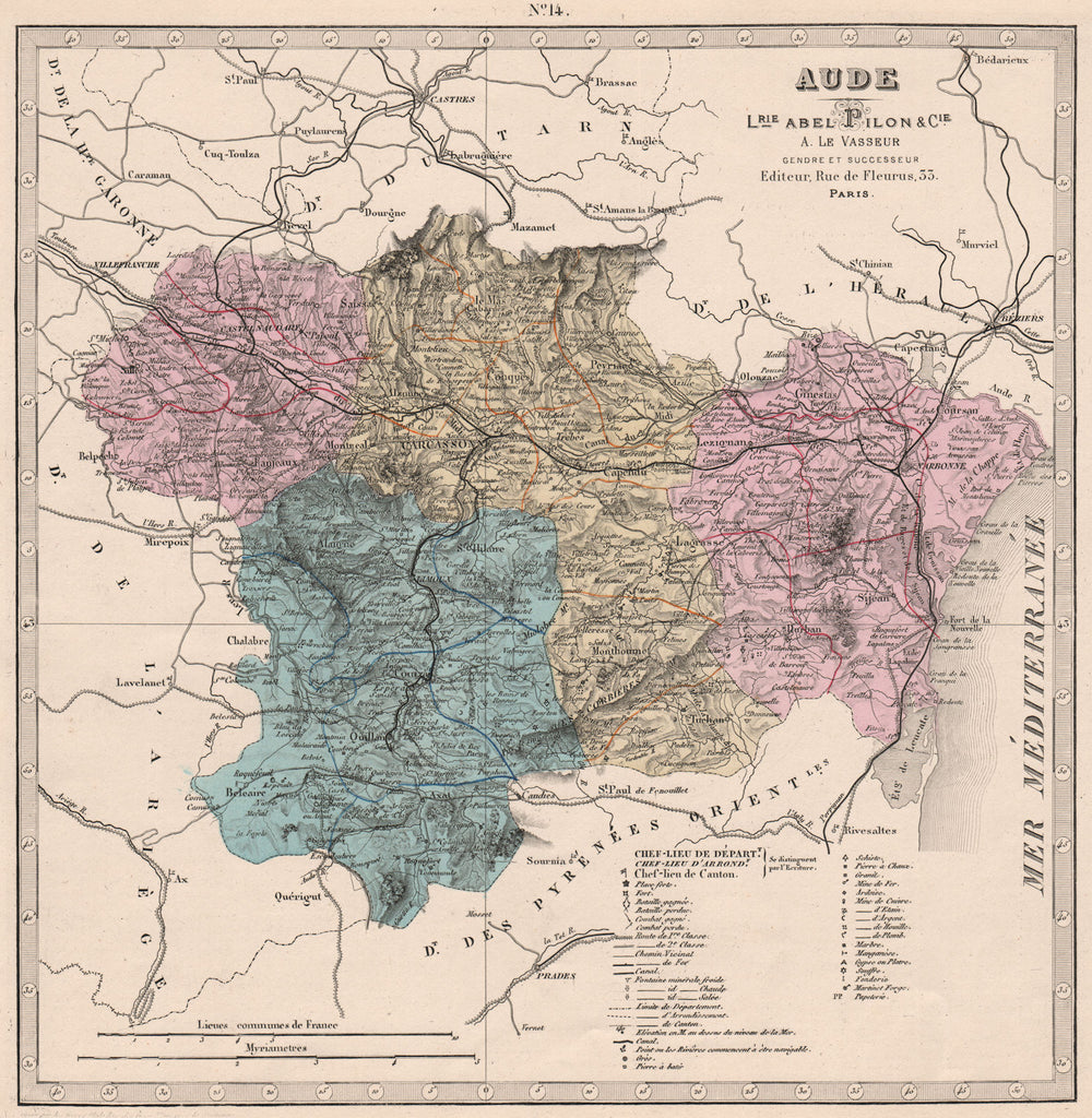 AUDE department. Battlefields/dates, resources & minerals. LE VASSEUR 1876 map