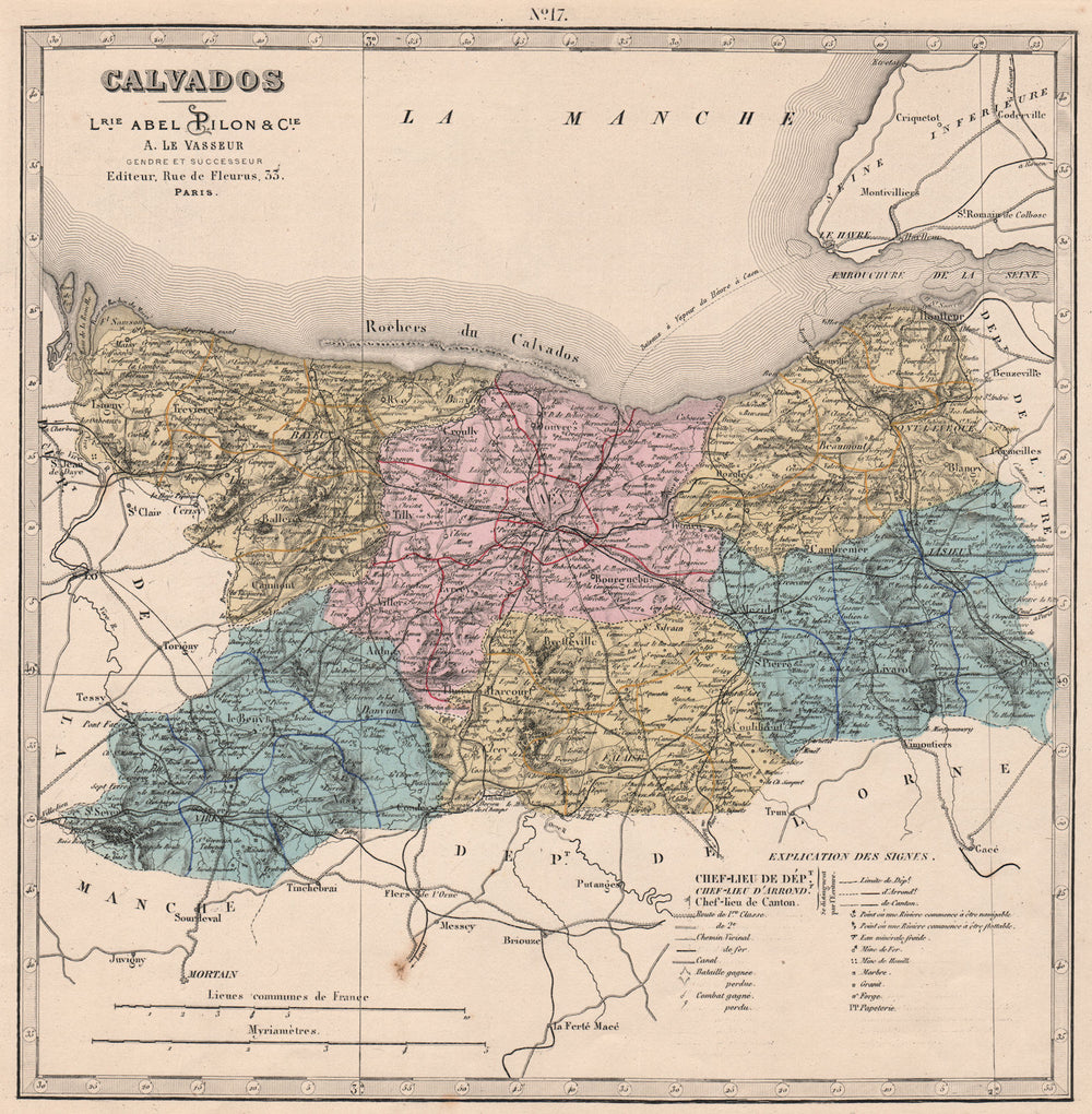 CALVADOS department showing resources & minerals. LE VASSEUR 1876 old map