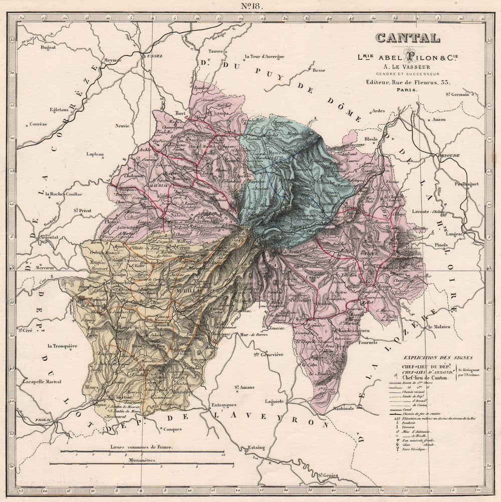 CANTAL department showing resources & minerals. LE VASSEUR 1876 old map