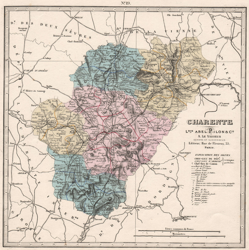 CHARENTE department. Battlefields/dates resources minerals. LE VASSEUR 1876 map