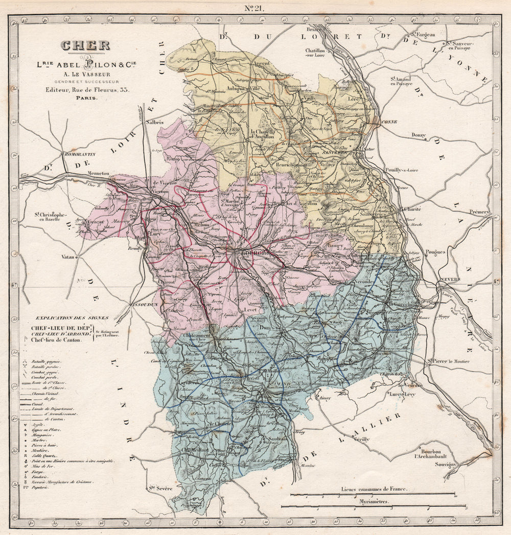 CHER department showing resources & minerals. LE VASSEUR 1876 old antique map