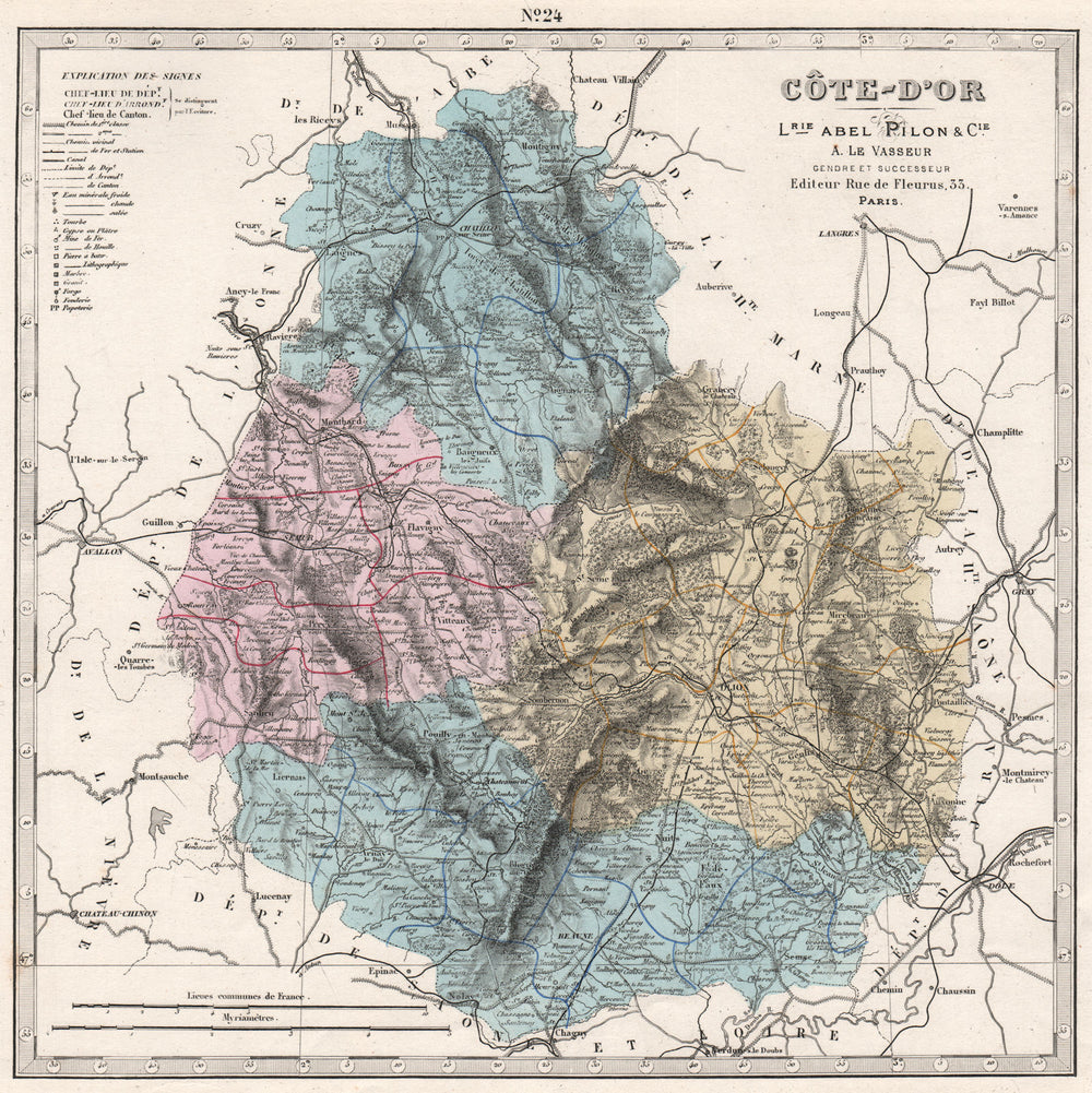 CÔTE-D'OR department showing resources & minerals. LE VASSEUR 1876 old map