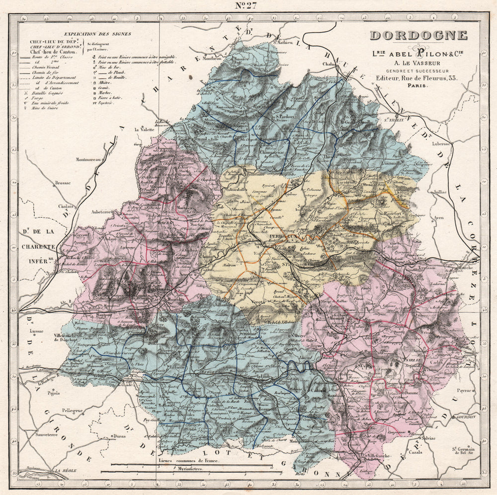 DORDOGNE department showing resources & minerals. LE VASSEUR 1876 old map