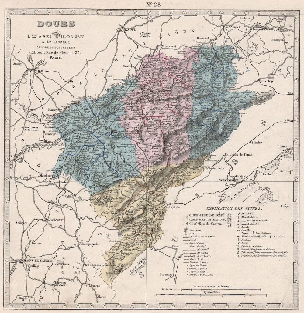 DOUBS department showing resources & minerals. LE VASSEUR 1876 old antique map