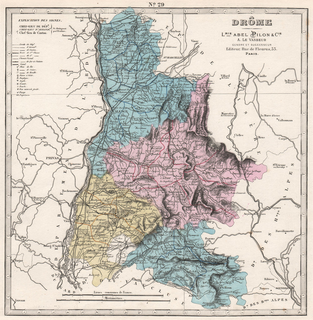 DRÔME department showing resources & minerals. LE VASSEUR 1876 old antique map