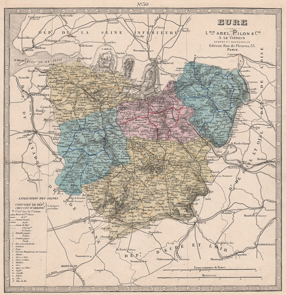 EURE department. Battlefields/dates, resources & minerals. LE VASSEUR 1876 map