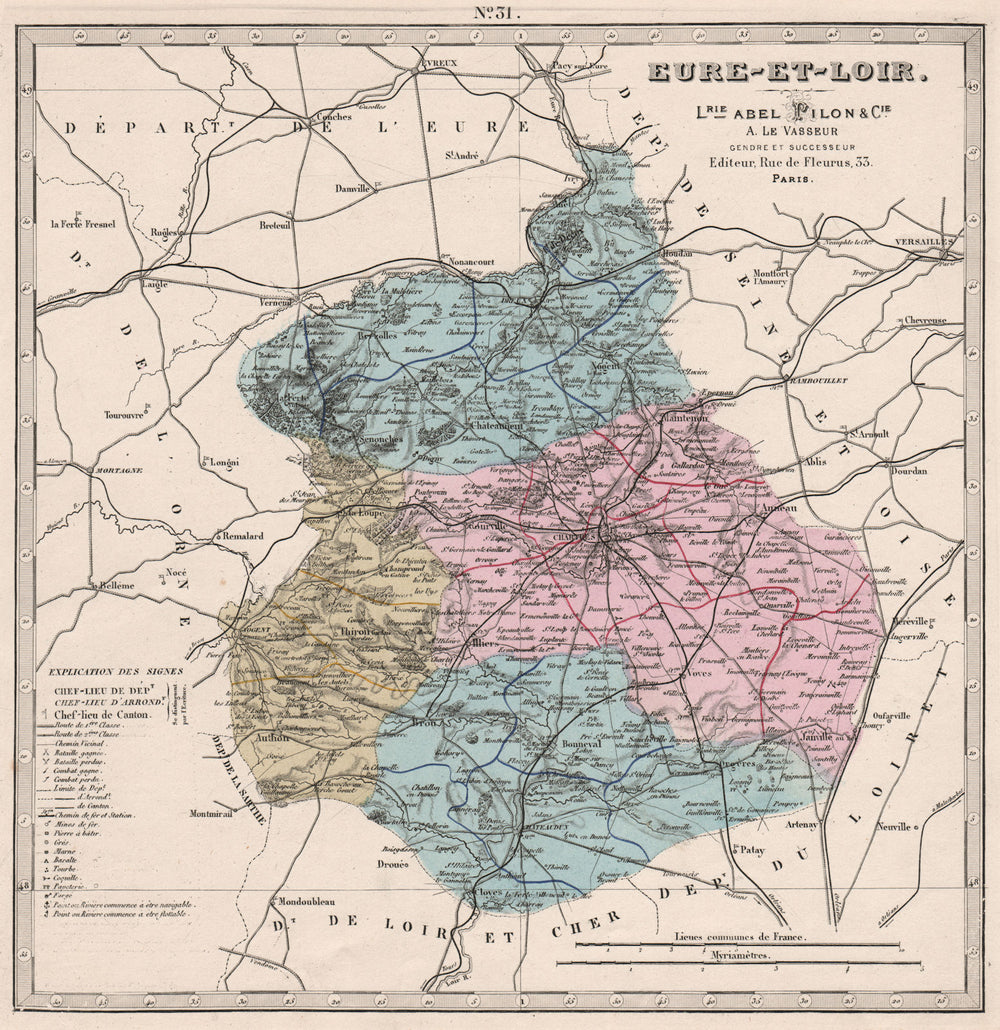 EURE-ET-LOIR department. Battles/dates resources minerals. LE VASSEUR 1876 map