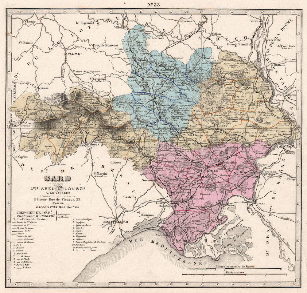 GARD department showing resources & minerals. LE VASSEUR 1876 old antique map
