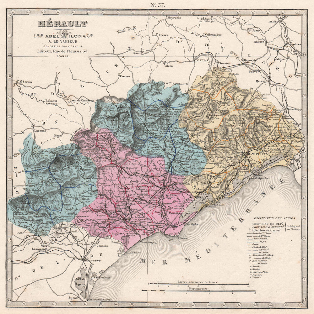 HÉRAULT department showing resources & minerals. LE VASSEUR 1876 old map