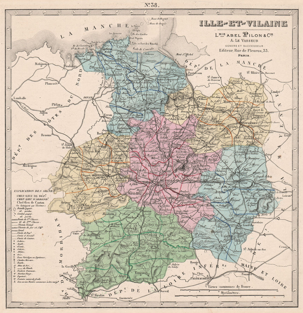 ILLE-ET-VILAINE department. Battles/dates resources minerals.LE VASSEUR 1876 map
