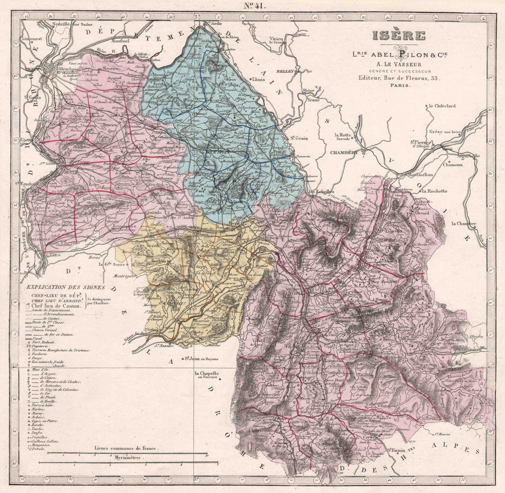 ISÈRE department showing resources & minerals. LE VASSEUR 1876 old antique map