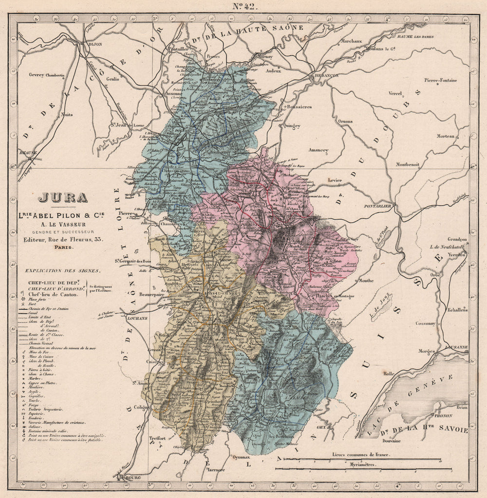 JURA department showing resources & minerals. LE VASSEUR 1876 old antique map