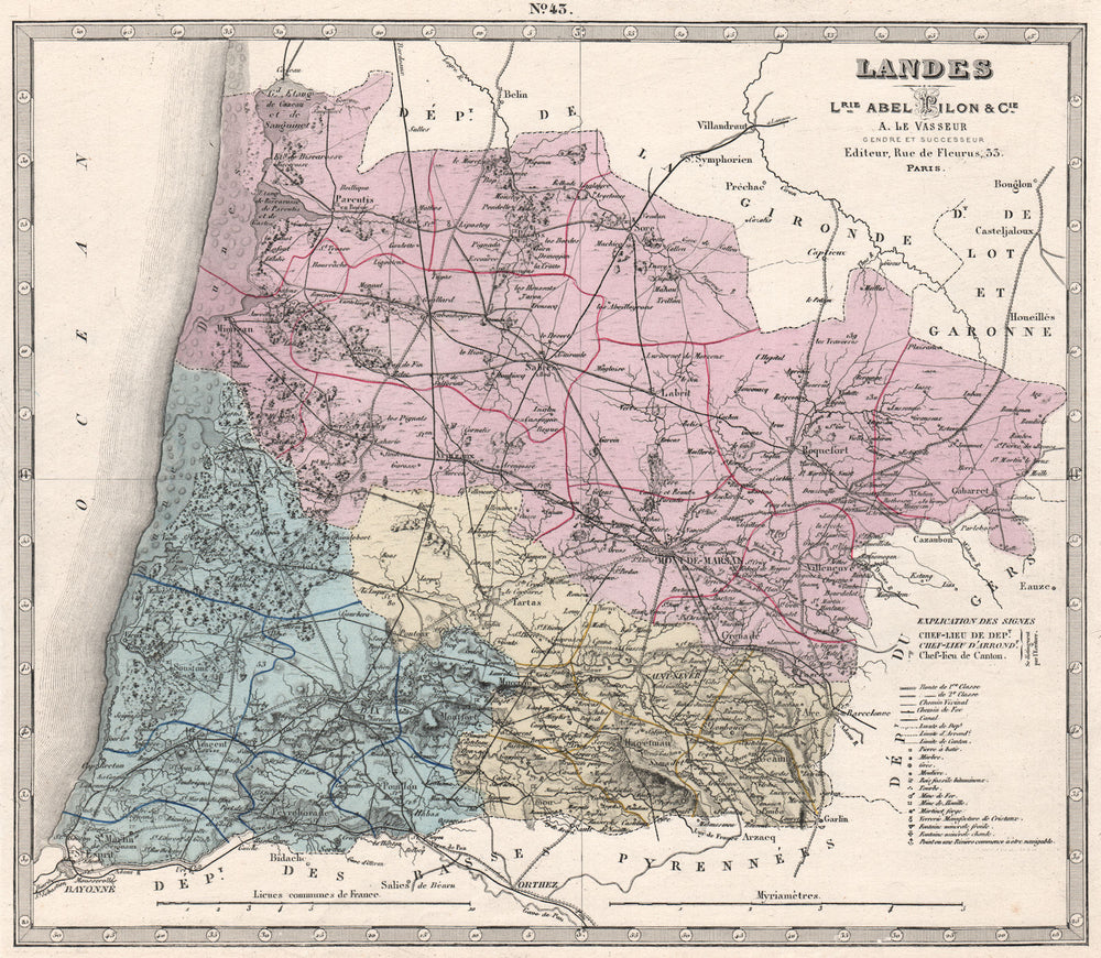LANDES department showing resources & minerals. LE VASSEUR 1876 old map