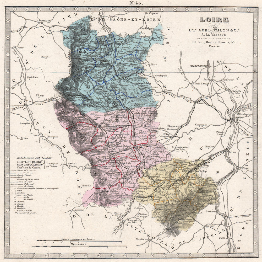 LOIRE department showing resources & minerals. LE VASSEUR 1876 old antique map