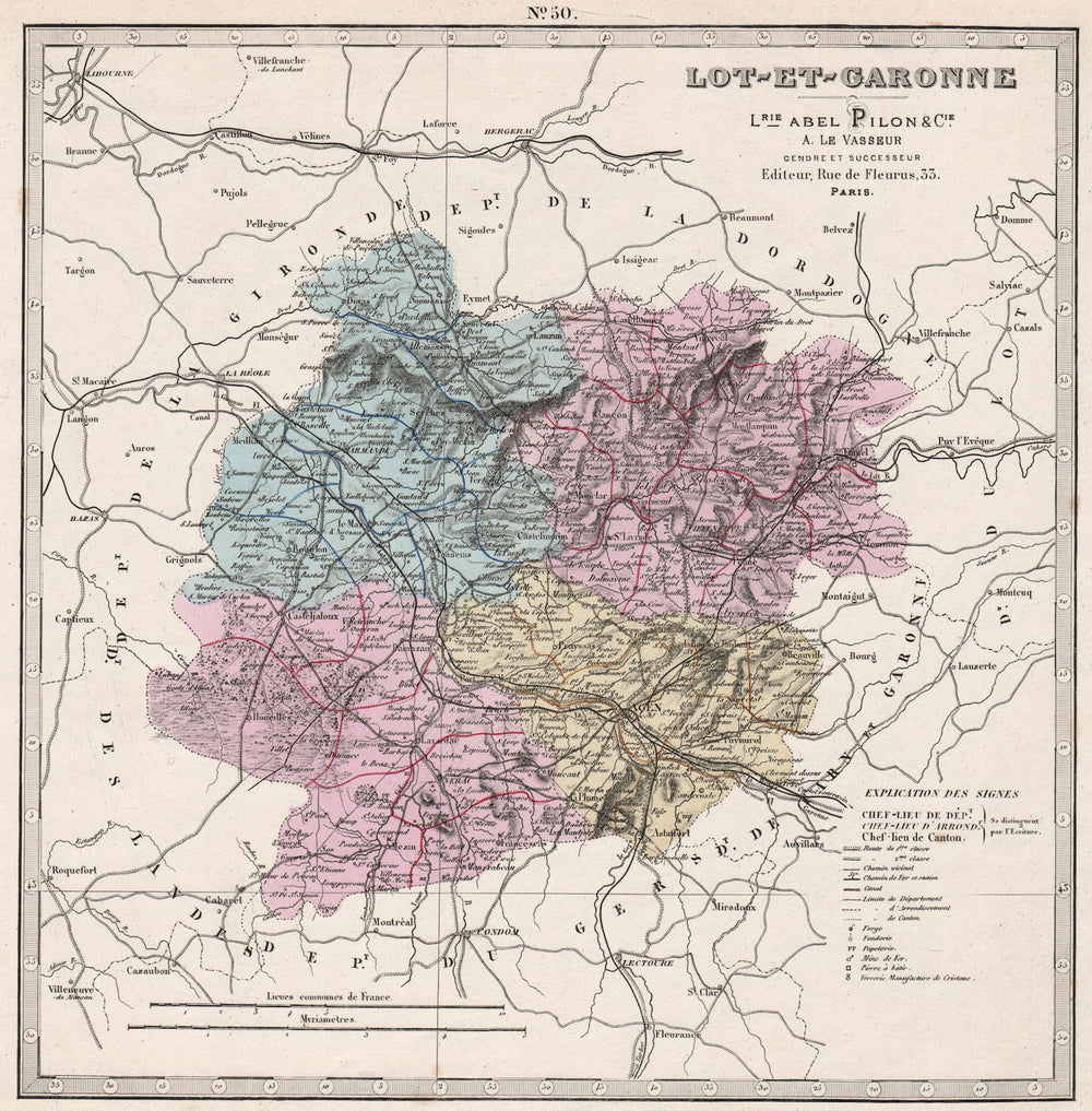 LOT-ET-GARONNE department showing resources & minerals. LE VASSEUR 1876 map