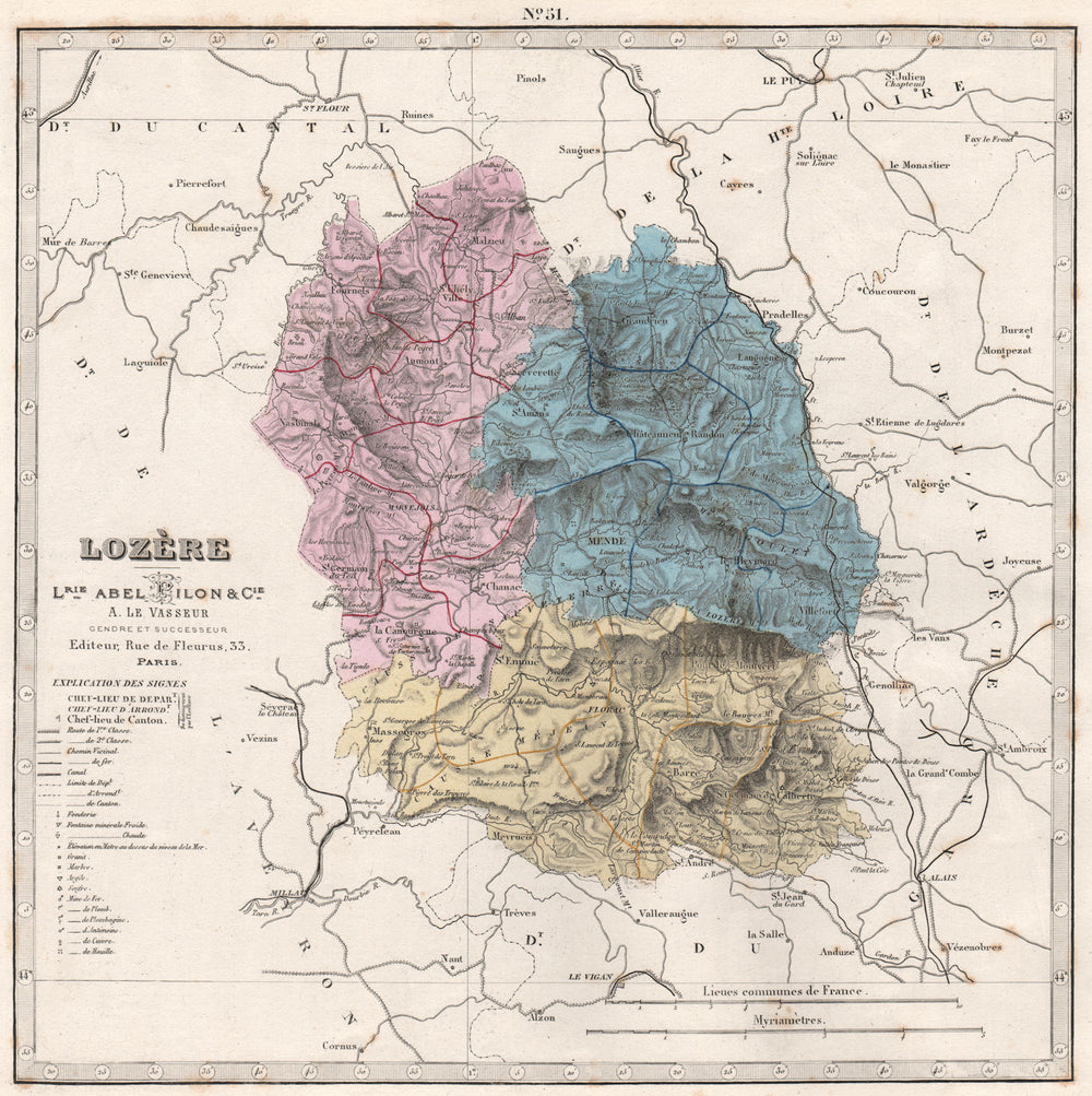 LOZÈRE department showing resources & minerals. LE VASSEUR 1876 old map