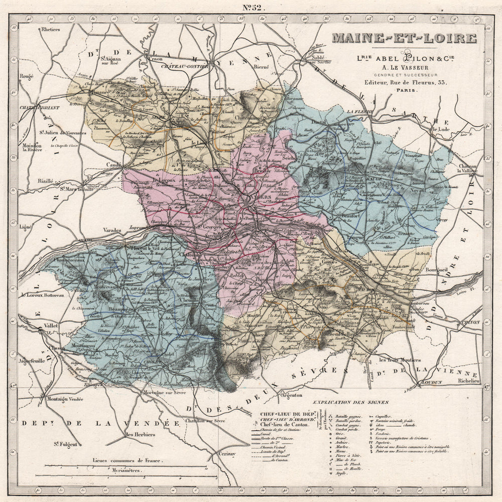 MAINE-ET-LOIRE department. Battles/dates resources minerals. LE VASSEUR 1876 map