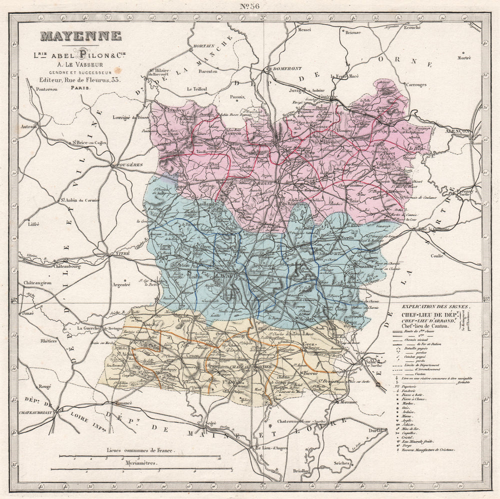 MAYENNE department. Battlefields/dates, resources & minerals.LE VASSEUR 1876 map