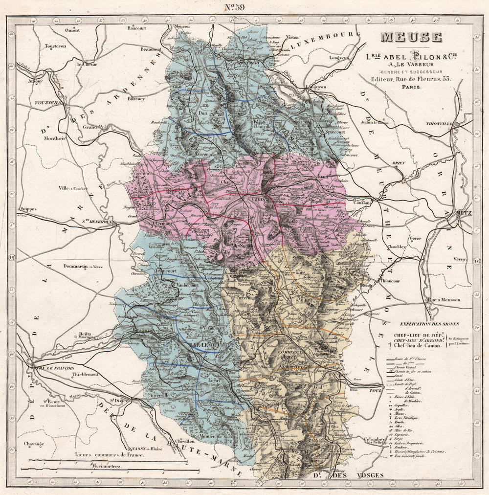 MEUSE department showing resources & minerals. LE VASSEUR 1876 old antique map