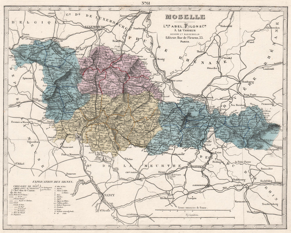 MOSELLE department showing resources & minerals. LE VASSEUR 1876 old map