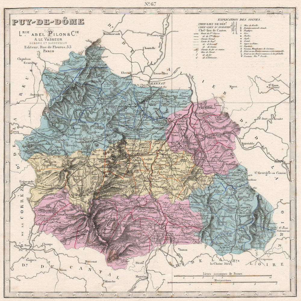 PUY-DE-DÔME department showing resources & minerals. LE VASSEUR 1876 old map