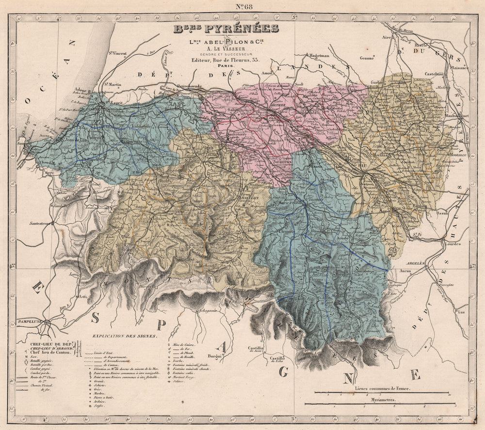 BASSES-PYRÉNÉES-Atlantiques department. Battles. Resources. LE VASSEUR 1876 map