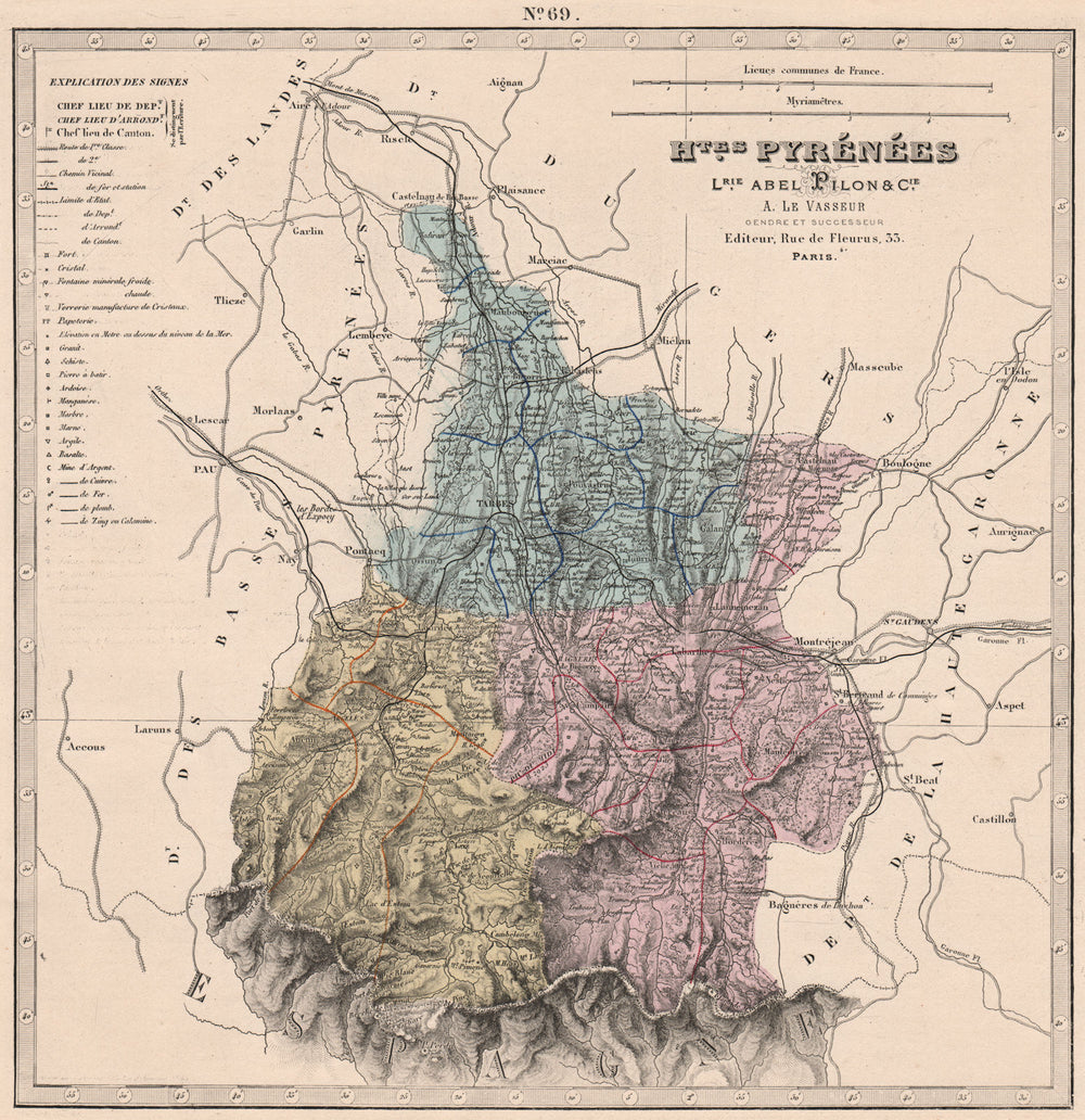 HAUTES-PYRÉNÉES department showing resources & minerals. LE VASSEUR 1876 map