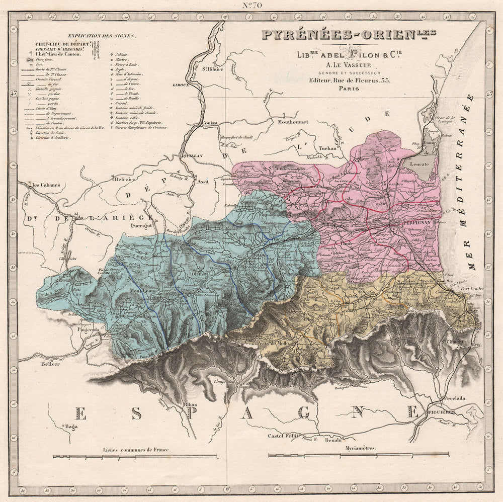 PYRÉNÉES-ORIENTALES department. Battles resources minerals. LE VASSEUR 1876 map