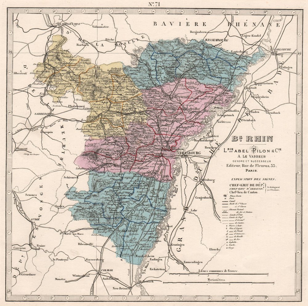 BAS-RHIN department showing resources & minerals. LE VASSEUR 1876 old map