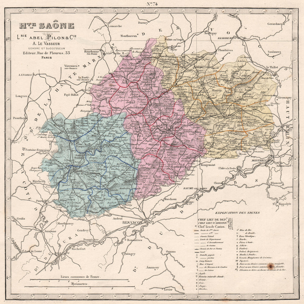 HAUTE-SAÔNE department showing resources & minerals. LE VASSEUR 1876 old map