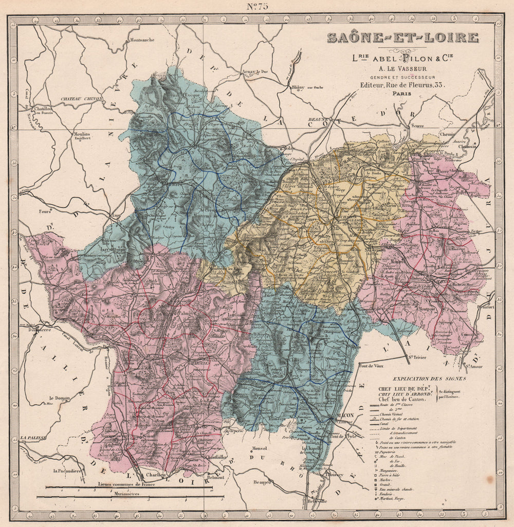 SAÔNE-ET-LOIRE department showing resources & minerals. LE VASSEUR 1876 map