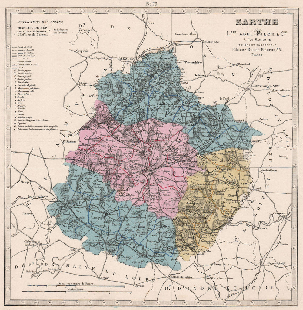 SARTHE department. Battlefields/dates, resources & minerals. LE VASSEUR 1876 map