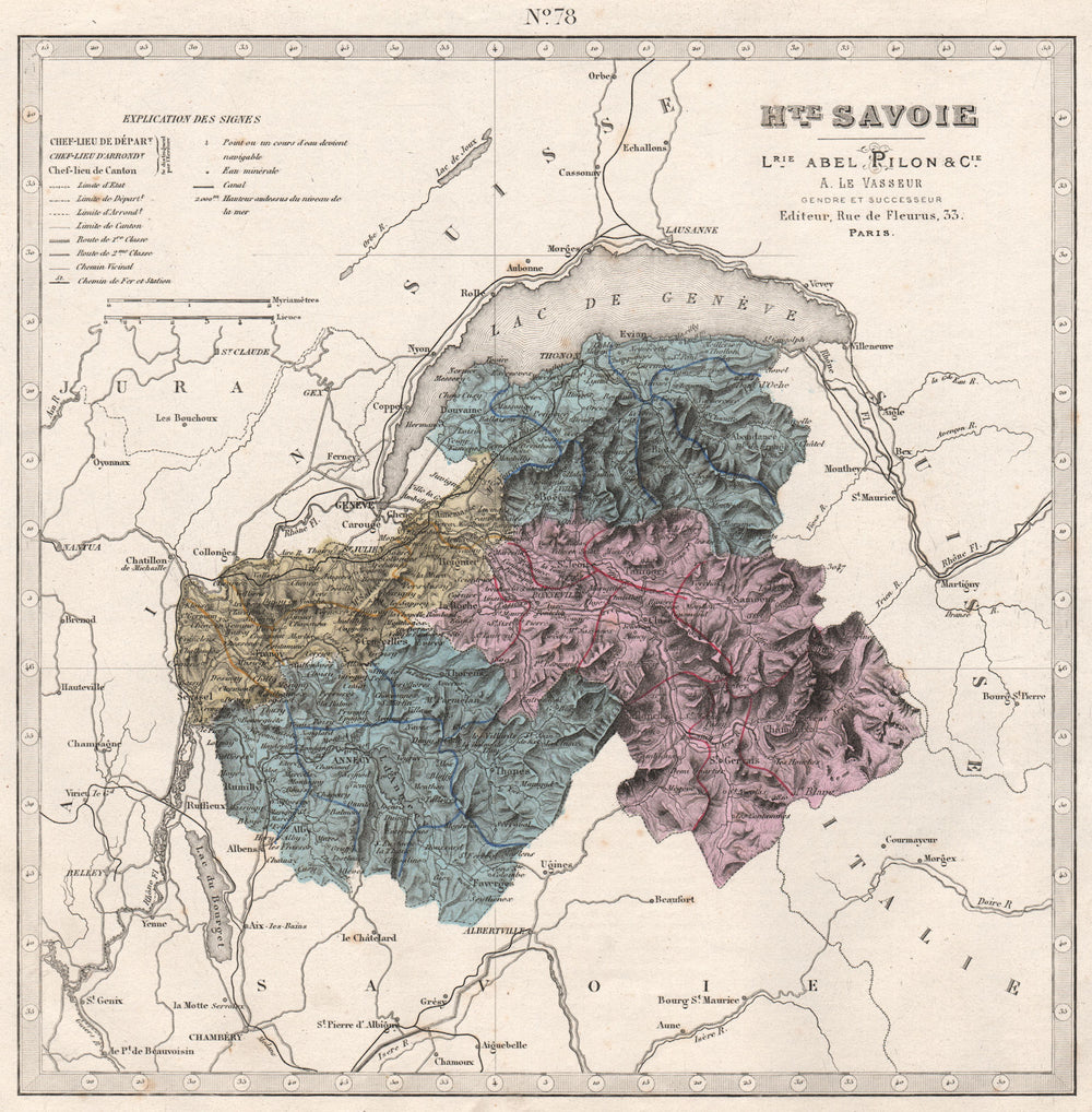 HAUTE-SAVOIE department showing resources & minerals. LE VASSEUR 1876 old map