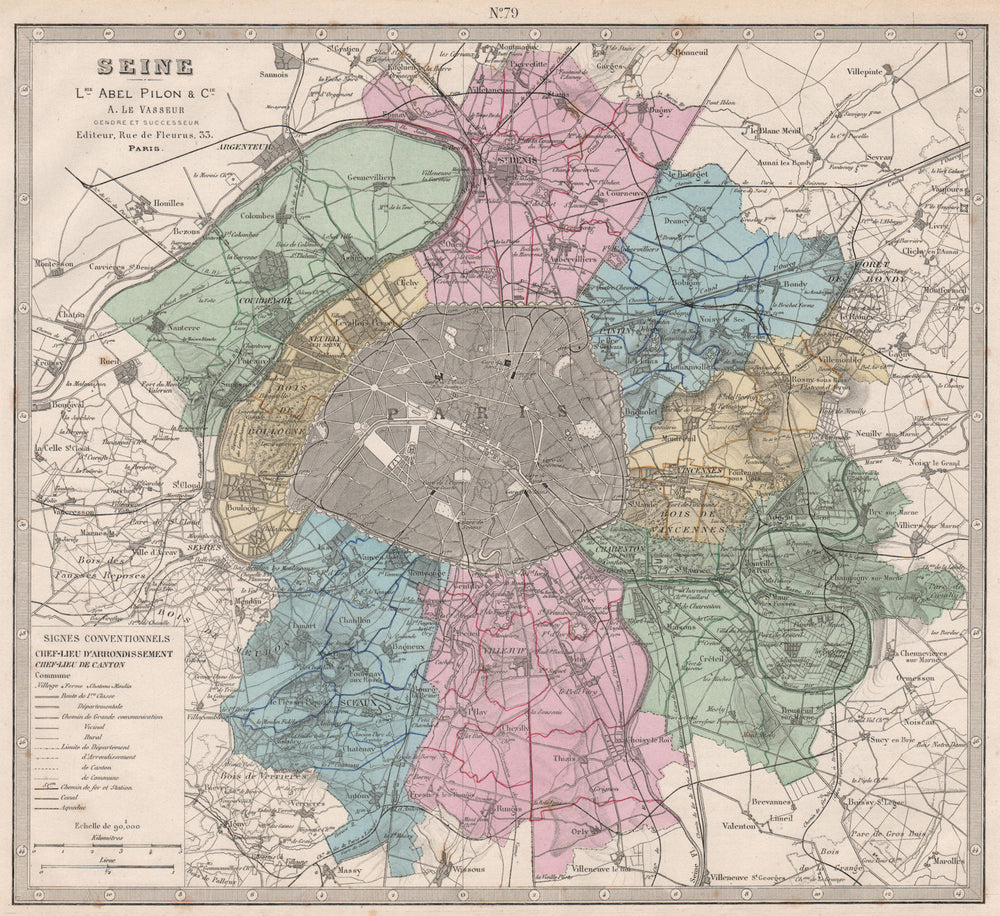SEINE France department showing resources & minerals. LE VASSEUR 1876 old map