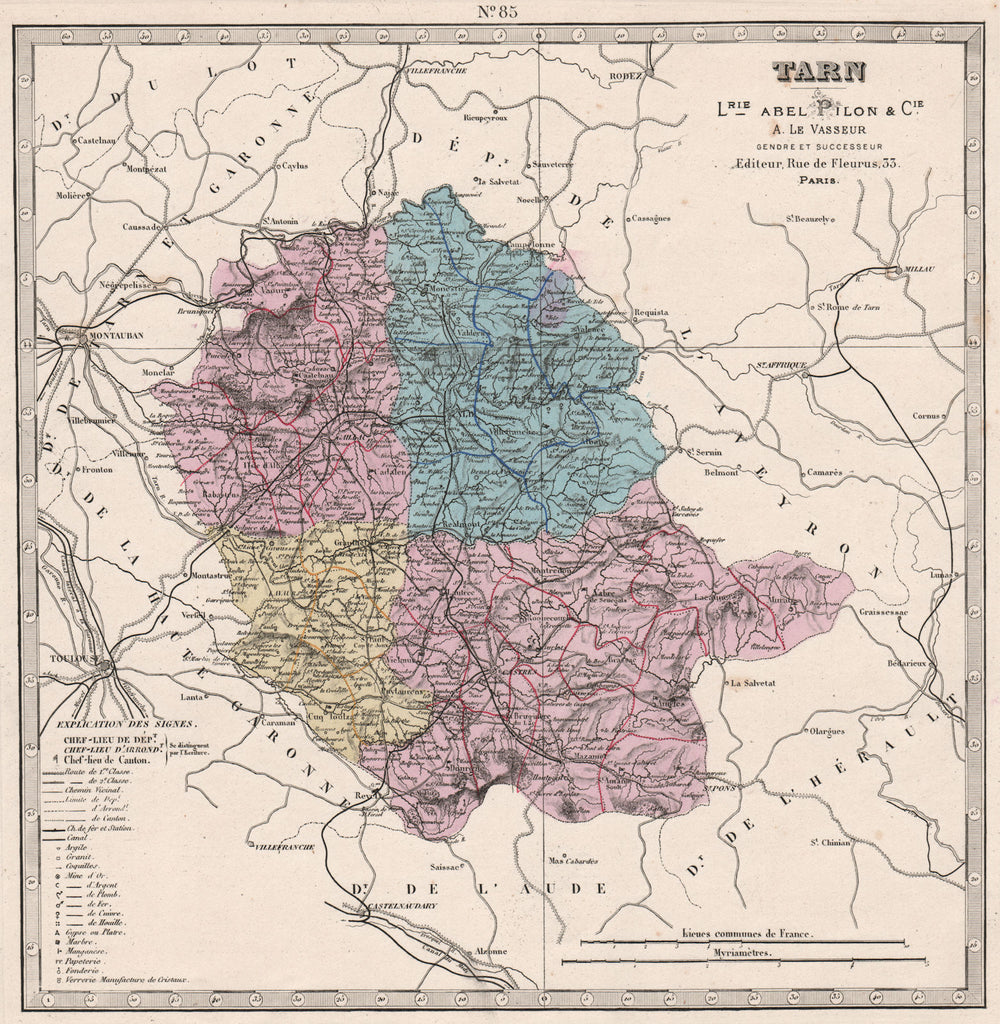 TARN department showing resources & minerals. LE VASSEUR 1876 old antique map