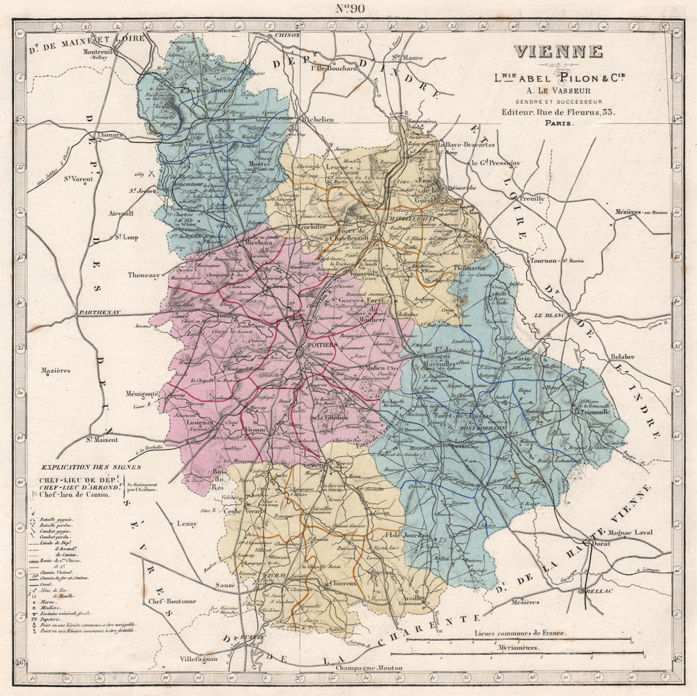 VIENNE department. Battlefields/dates, resources & minerals. LE VASSEUR 1876 map