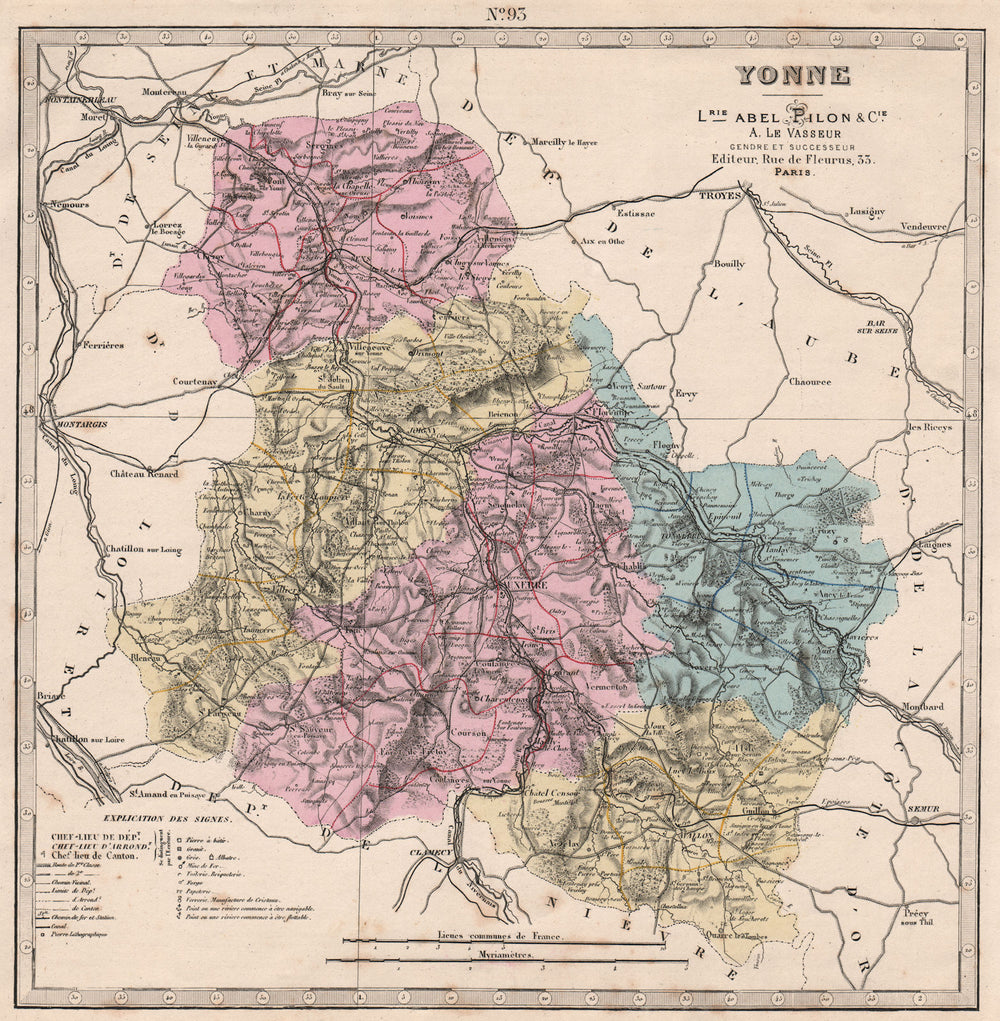YONNE department showing resources & minerals. LE VASSEUR 1876 old antique map