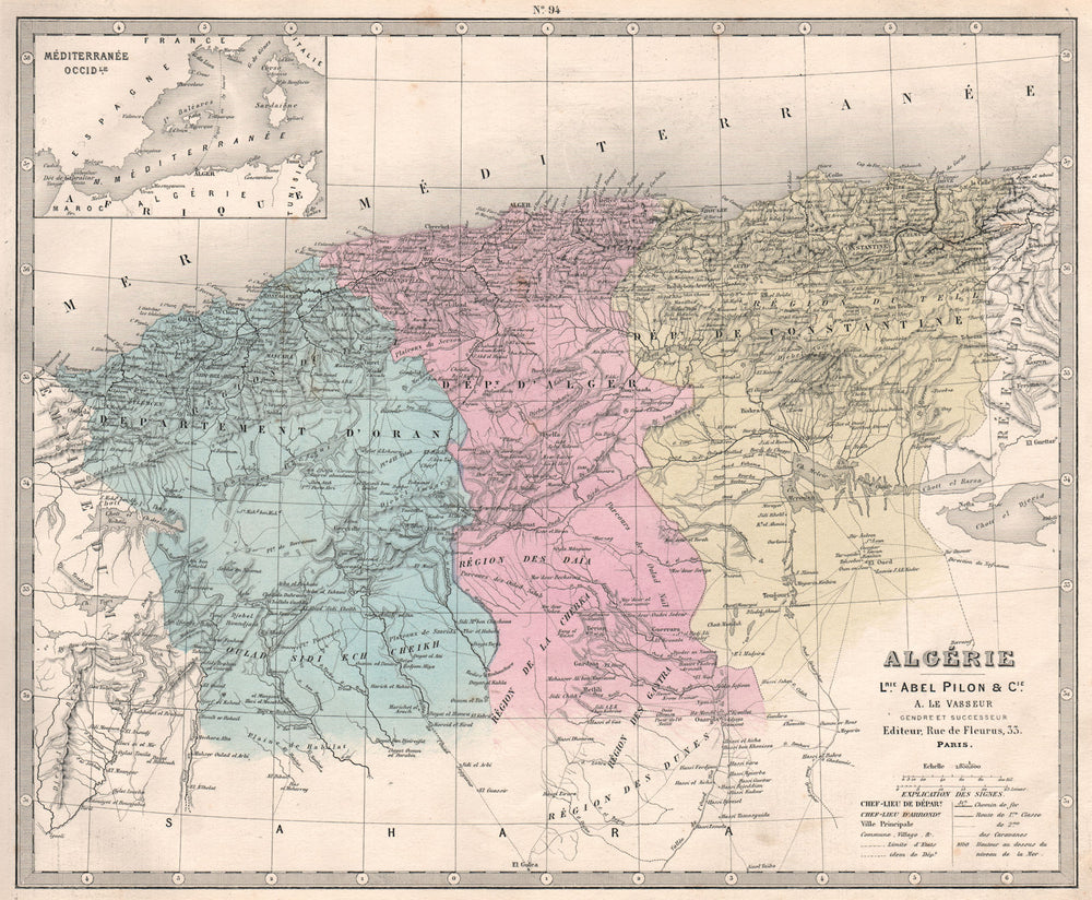 ALGÉRIE. Algeria in departements. Alger Oran Constantine. LE VASSEUR 1876 map