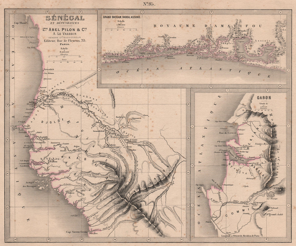 SENEGAL GABON CÔTE D'IVOIRE. Ivory Coast. Grand Bassam Dabou Assinie 1876 map